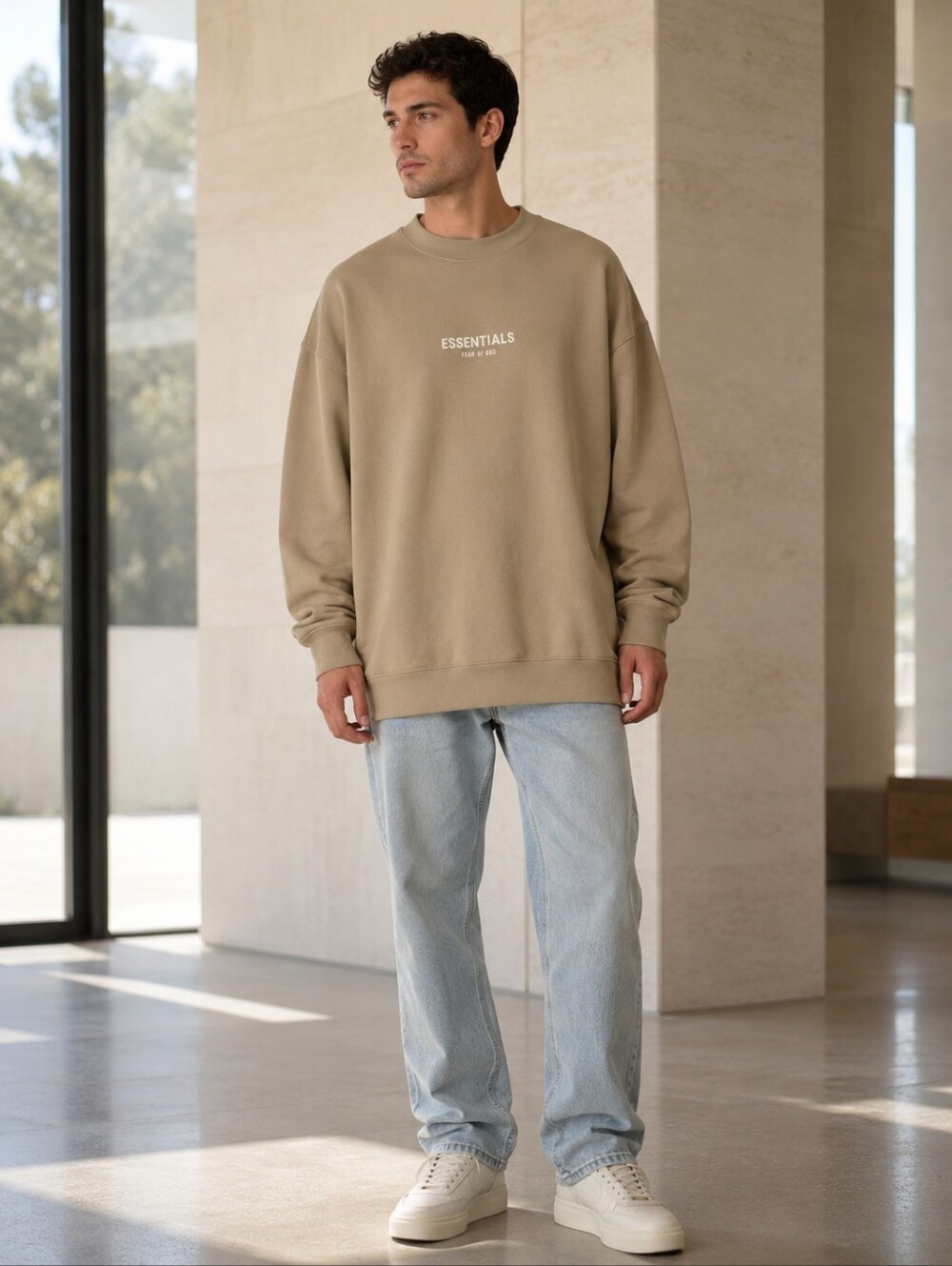 Fear of God Essentials Oak Oversized Crewneck Sweatshirt Tan Large